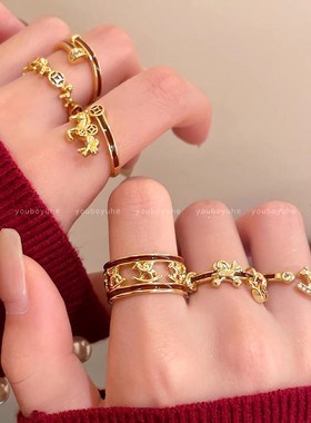本命年金色红色小马戒指女新年新款轻奢高级感叠戴食指戒开口指环