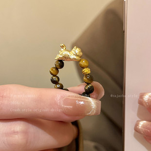 雅丹风格虎眼石铜币串珠戒指女性小众设计中世纪食指戒指可达奢华