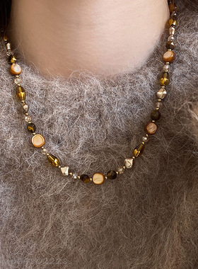 美拉德天然石项链女秋冬串珠焦糖色气质百搭毛衣链轻奢高级感颈链