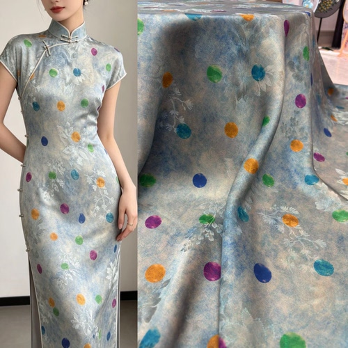 彩色波点花萝红云纱真丝面料 春夏连衣裙旗袍衬衫上衣桑蚕丝布料
