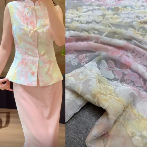 松花酿酒晕染烂花真丝丝绒面料 国风系列套装旗袍桑蚕丝服装布料
