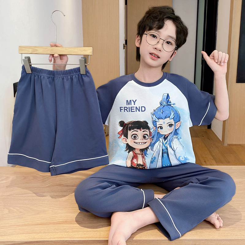 儿童睡衣男童2025新款夏季三件套纯棉短袖薄款大童男孩哪吒家居服