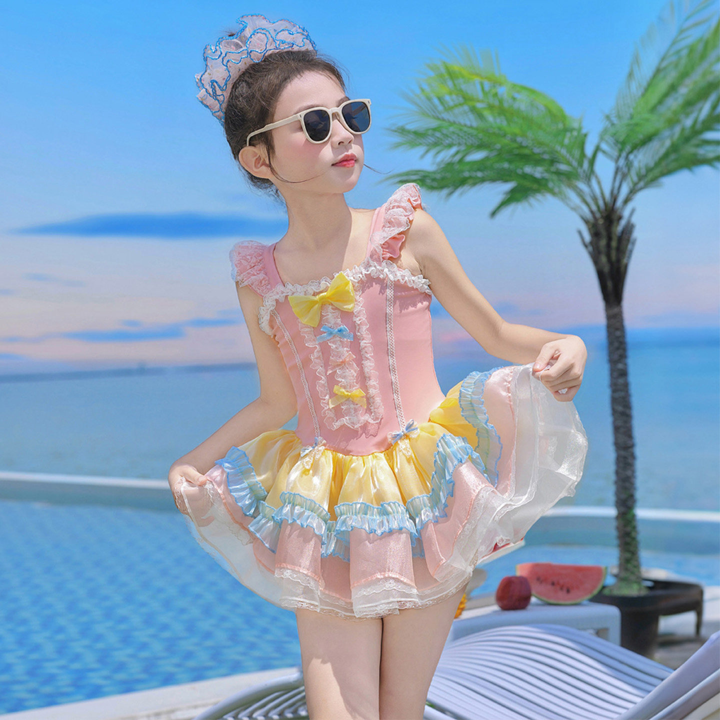 泳衣女儿童夏季泳衣女童绝美连体无袖小女孩夏天粉色蕾丝泳装裙子