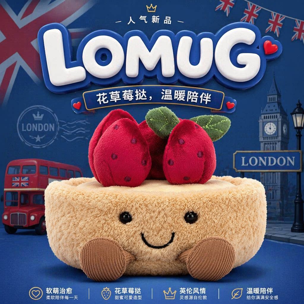 英国LOMUG趣味花草莓挞玩偶软萌可爱草莓造型毛绒玩具温暖陪伴