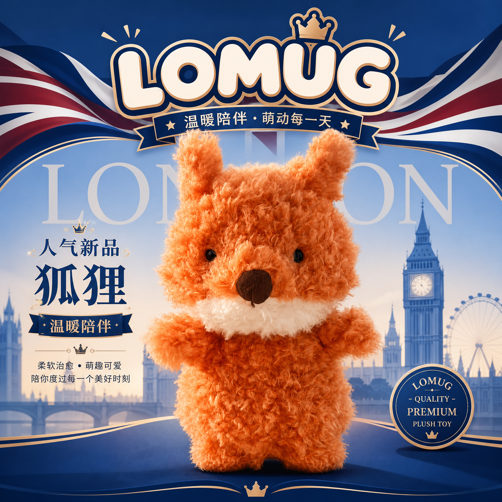 英国LOMUG卷毛小狐狸可爱毛绒玩具宝宝公仔安抚陪伴玩偶送礼物