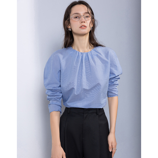女士2026新款 泡泡袖 春季 法式 气质设计感小众上衣 短款 蓝色条纹衬衫