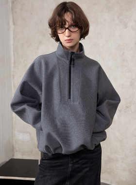 灰色卫衣外套女款2025新款秋季无帽短款宽松慵懒风立领半拉链上衣