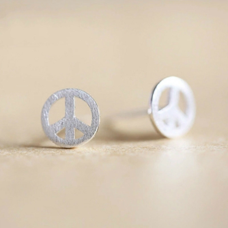 简约设计S925纯银和平反战标识符号拉丝款耳钉少女小饰品可爱耳坠