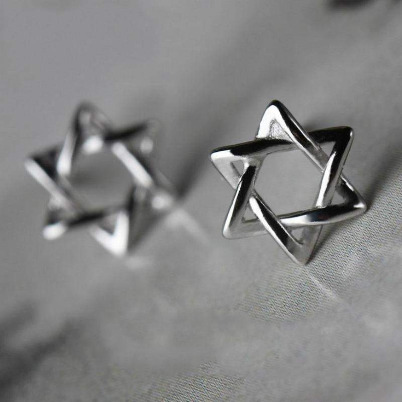 简约小众设计S925纯银缠绕六芒星镂空耳钉冷淡少女风情侣耳坠配饰
