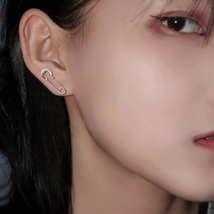 925纯银别针耳环个性嘻哈时尚冷淡酷帅男女情侣款回形针耳钉INS韩