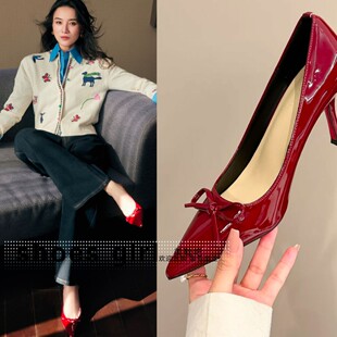 宋佳同款红色高跟鞋细跟尖头浅口蝴蝶结漆皮单鞋女新年本命年鞋子