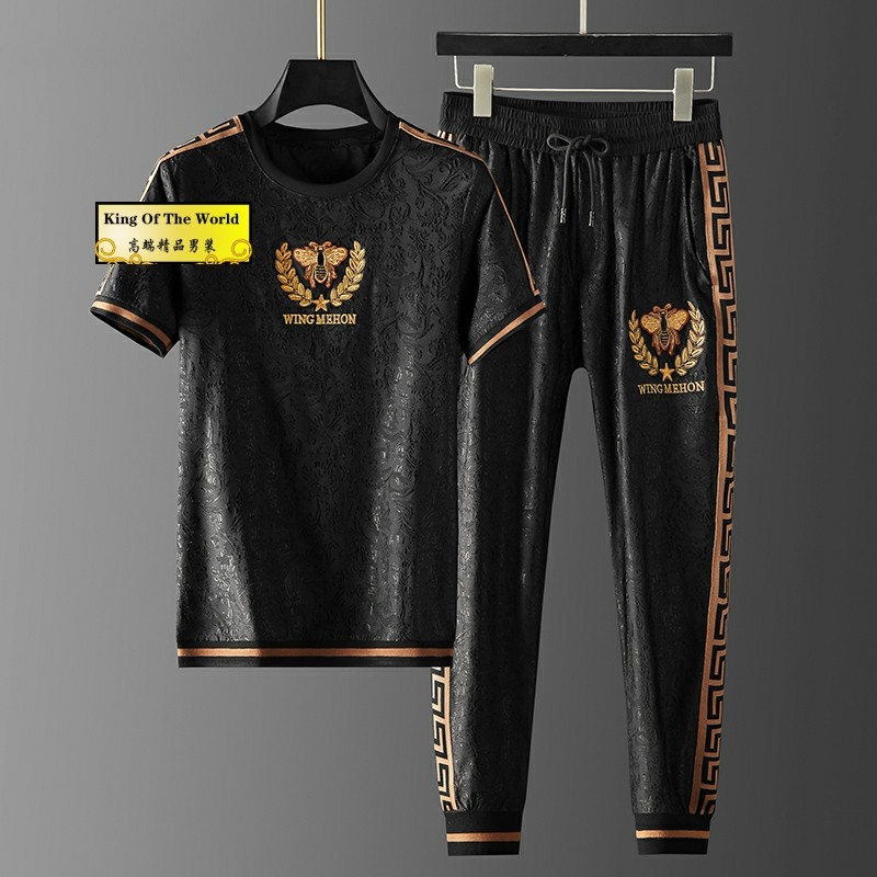 高端男士休闲运动套装夏季薄款透气潮牌刺绣加大码短袖t恤两件套