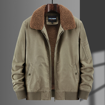 羊羔绒棉衣男秋冬季加厚翻毛领飞行员夹克棉服高端中年男士外套