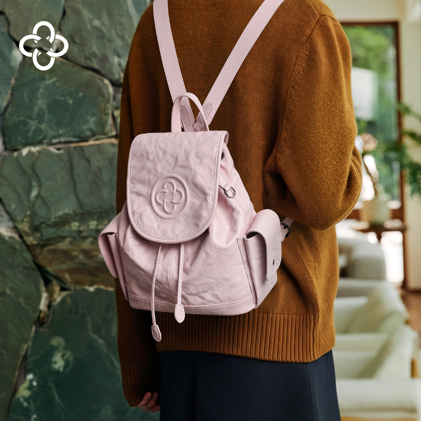 CASSILE卡思乐粉色牛皮双肩包春夏新款轻便旅行背包通勤电脑包