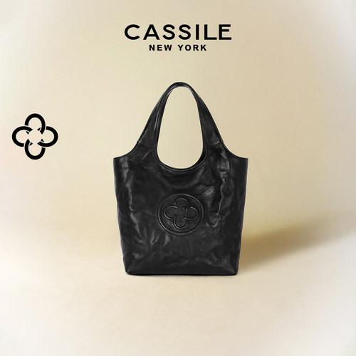 卡思乐女包菜篮子包植鞣头层牛皮褶皱单肩斜挎包黑色手提托特小包