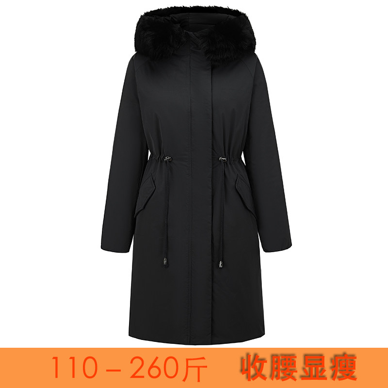 加肥加大码派克羽绒服女中长款过膝加厚胖mm200斤收腰显瘦大毛领