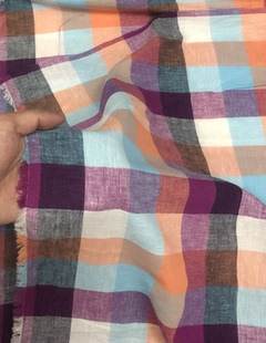 砂洗4公分彩格棉麻面料水洗汉服布料设计师连衣裙袍子薄款七彩格