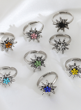 女合金欧美镶钻雪绒花戒指饰品新