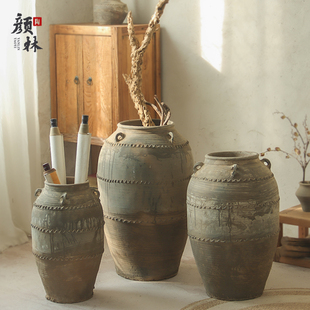 侘寂风仿古土陶罐大号落地翁瓶干枝花瓶复古粗陶花盆民宿客厅装饰