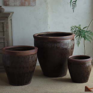 特价 粗陶庭院荷花缸带釉水缸鱼缸土陶发酵缸庭院景观种树大盆 老式