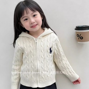 韩版男女童连帽拉链麻花针织开衫2026新款儿童毛衣外套洋气百搭潮