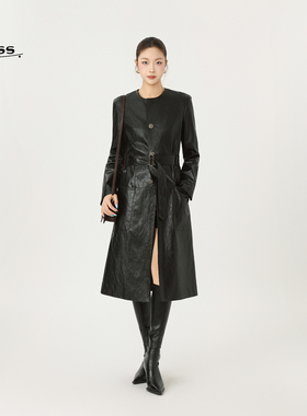 秋冬季新款复古摩登PU皮收腰显瘦长款风衣外套女士540060