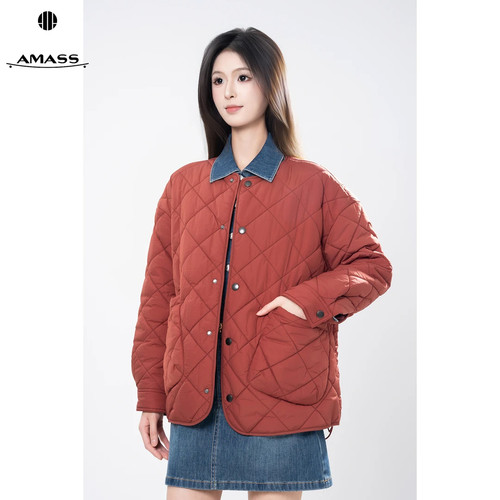 AMASS新款热力感新雪丽宽松圆领菱格中长款绗缝棉服5400730