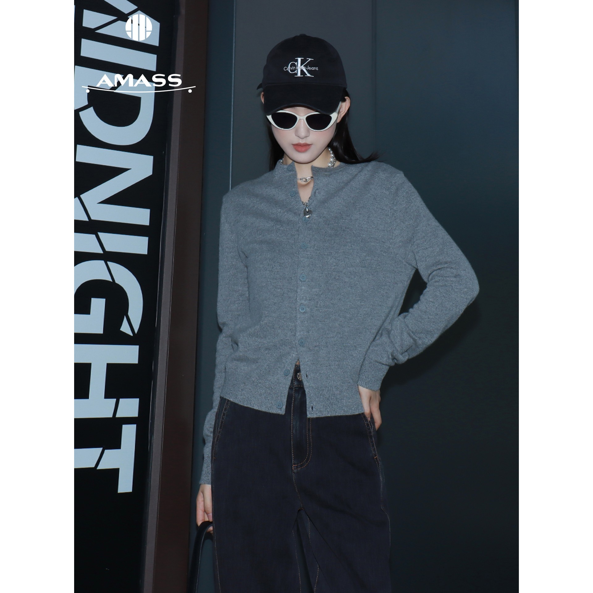 AMASS秋季新款时尚纯色圆领羊绒绵羊毛针织开衫女5499274