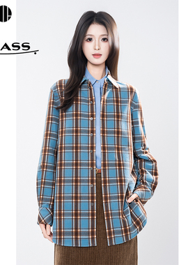 秋冬时尚休闲百搭格纹衬衣复古长袖宽松衬衫530107