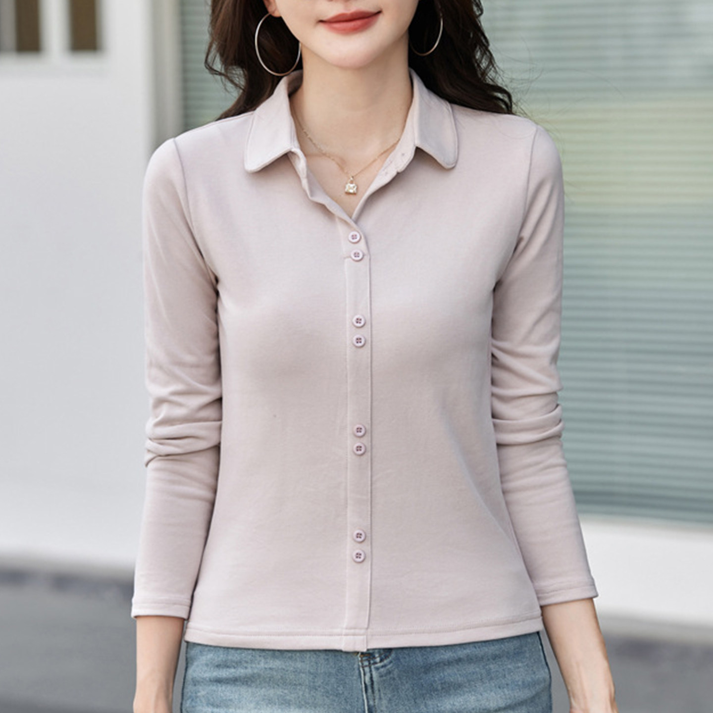 秋季翻领长袖显瘦打底T恤女衬衫