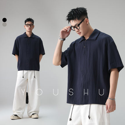 有术新中式亚麻翻领短袖polo衫男2026夏季新款高级感宽松潮牌体恤