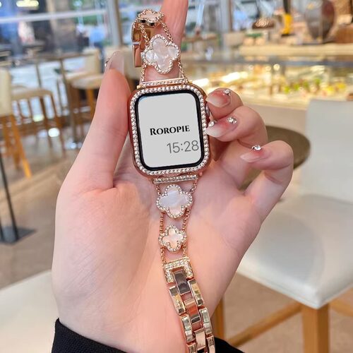 适用S11表带苹果iwatch10手表金属四叶草细闪789高级感女款SE手链