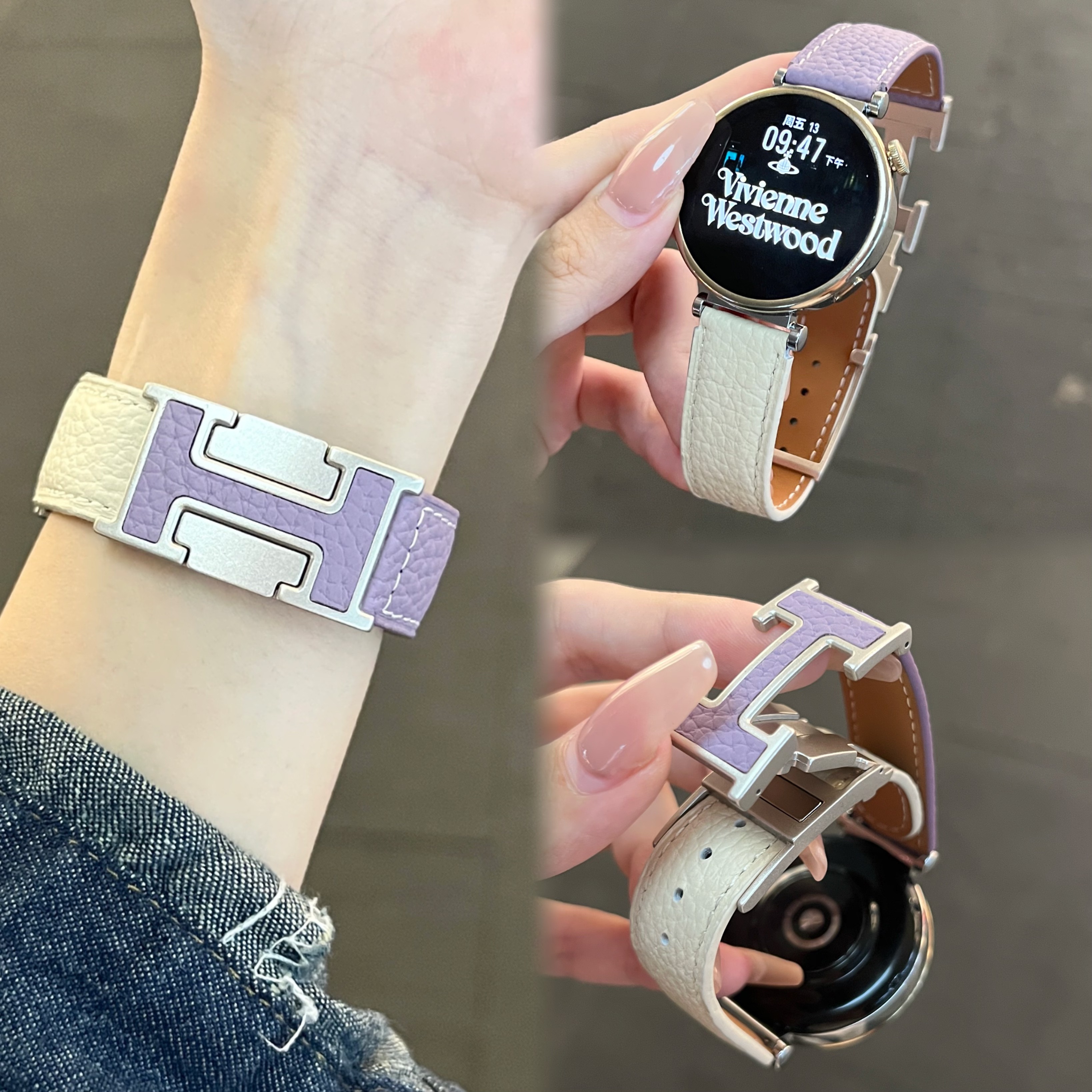 适用华为GT5pro表带真皮荔枝纹46mm新款H磁吸扣watch3/4pro腕带女