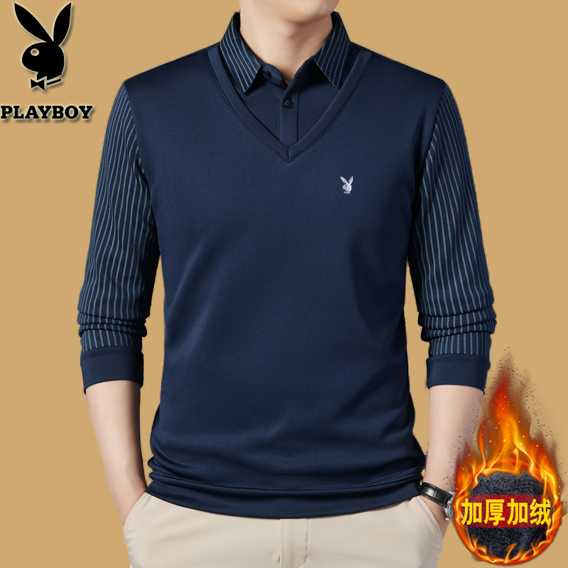 花花公子加绒假两件毛衣男冬季衬衫领2023新款加厚保暖针织打底衫