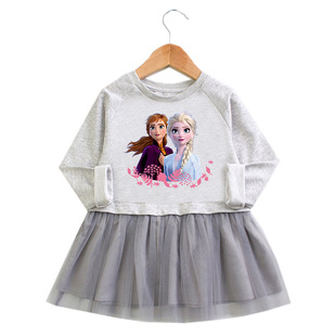 女童春天纯棉长袖连衣裙中小童艾沙安娜公主裙女宝宝小猫咪网纱裙