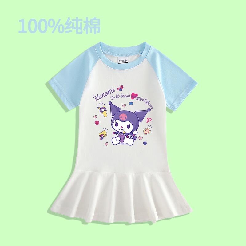 女童夏季库洛米小裙子女宝宝纯棉短袖百褶裙女孩洋气浅蓝色连衣裙
