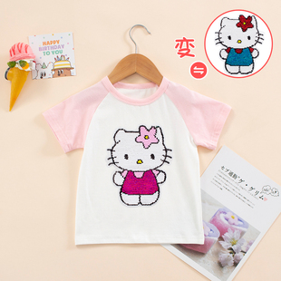 儿童夏季KT猫纯棉短袖女童库洛米半袖t恤宝宝猫咪亮片变图案T恤衫