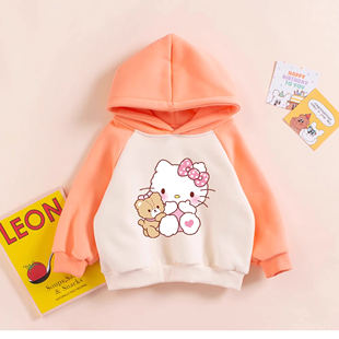 女童秋冬卫衣女宝宝kt猫衣服女孩连帽卫衣橙色拼接长袖小猫咪衣服