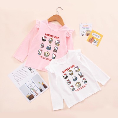 女童春秋圆领打底衫女宝宝纯棉长袖可爱猫咪T恤儿童秋装kt猫衣服