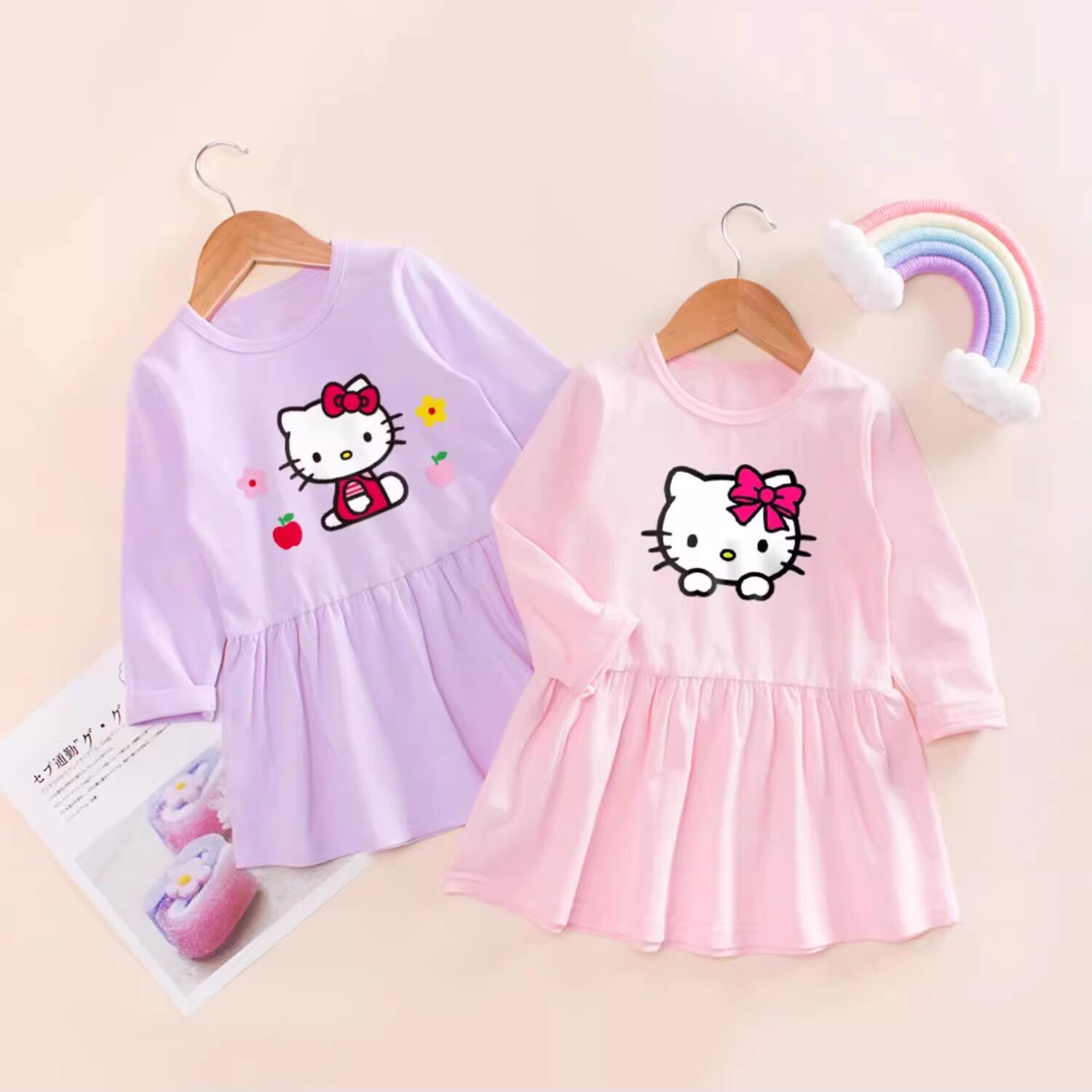 儿童2024春天长袖裙子女孩kt猫连衣裙女童猫咪公主裙女宝宝百褶裙