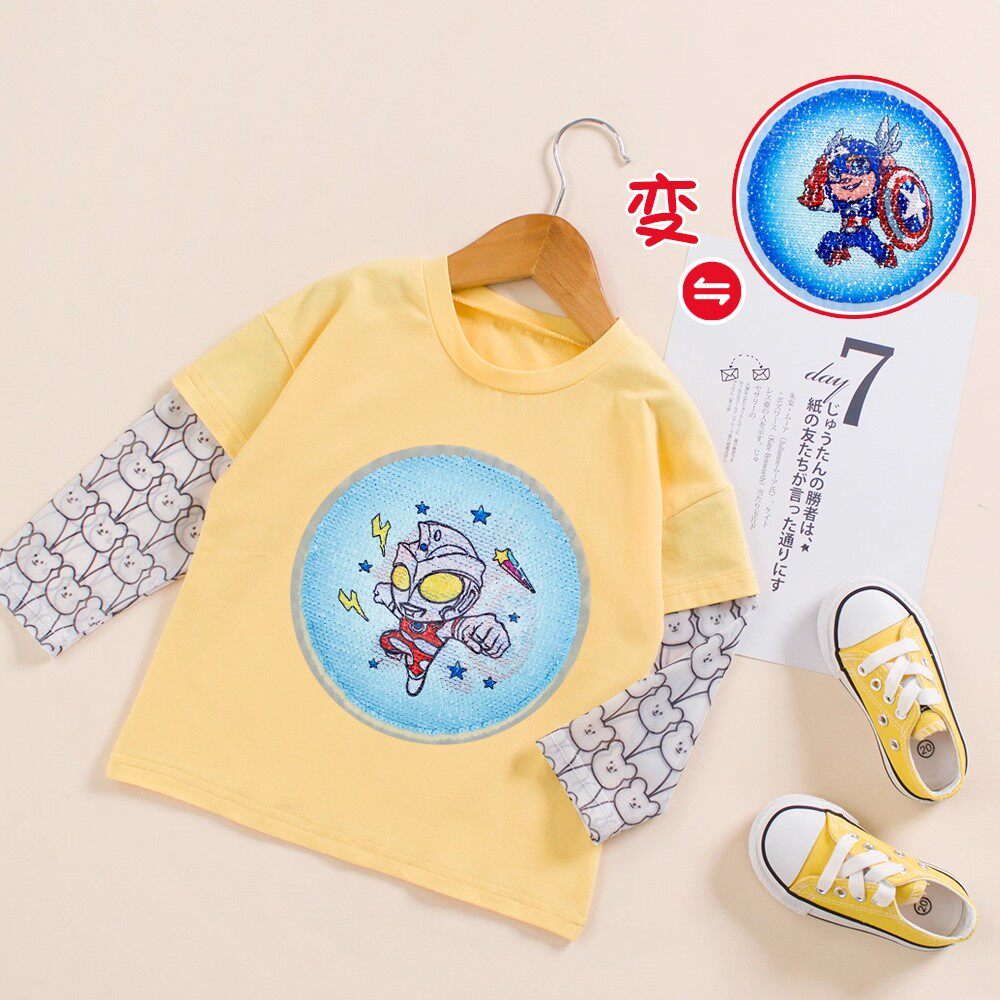 男童奥特曼衣服儿童夏季网纱假两件防晒t恤2025男孩防蚊长袖上衣