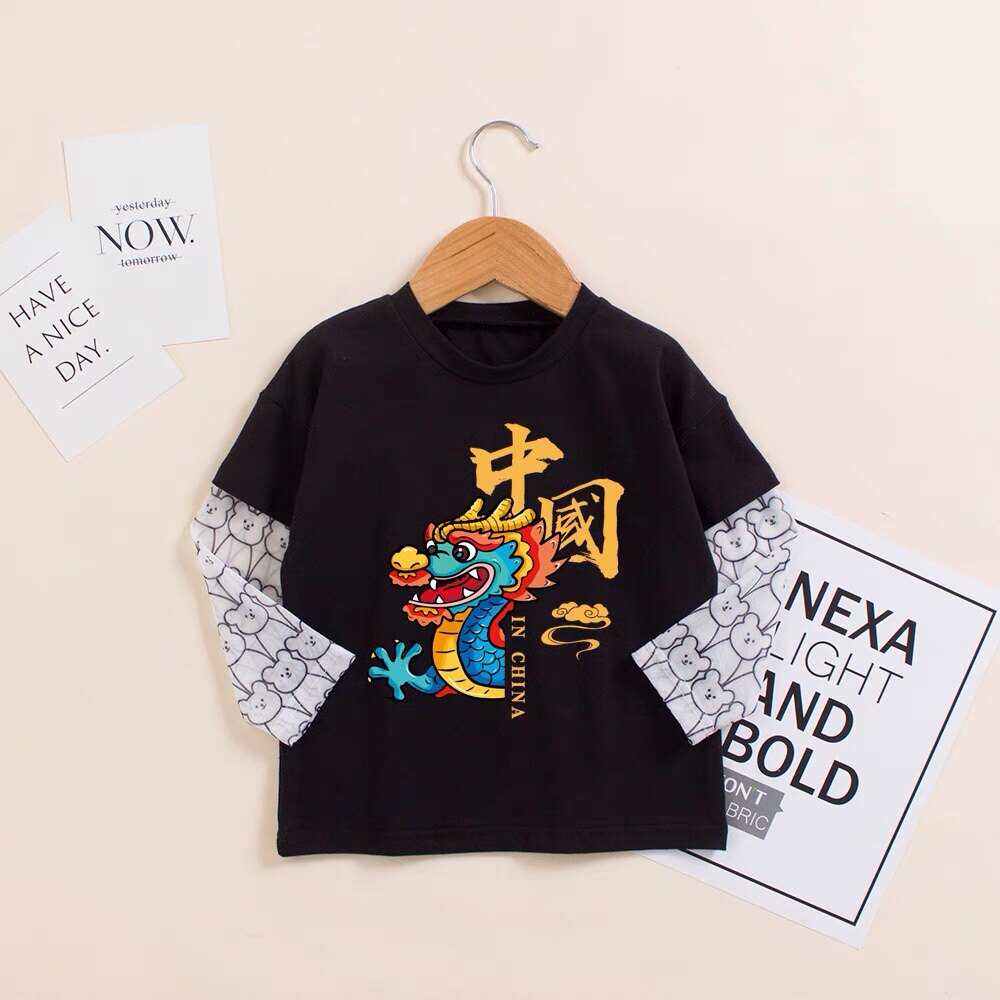 2024男童夏季纯棉t恤儿童新款防晒衣长袖宝宝龙年国潮假两件上衣