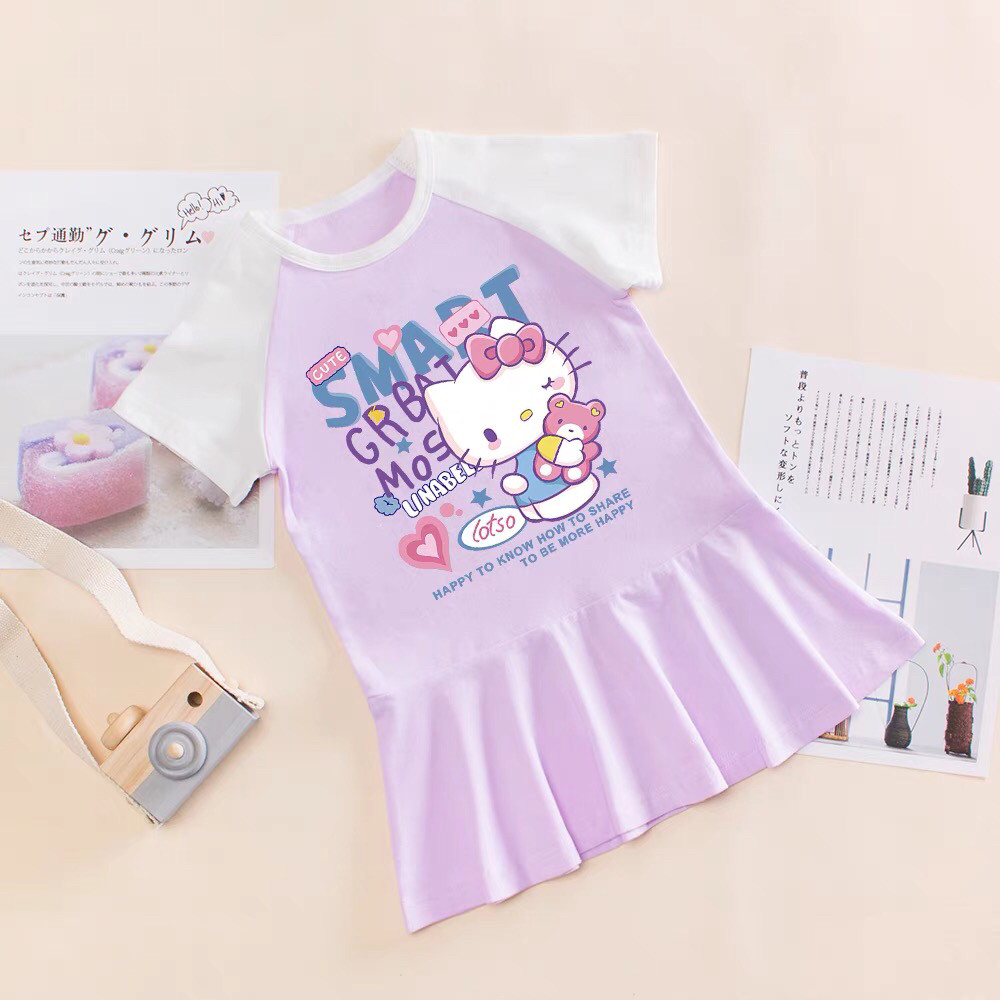hellokitty女童夏季连衣裙女宝宝KT猫百褶裙儿童简约纯棉短袖裙子