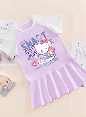 hellokitty女童夏季连衣裙女宝宝KT猫百褶裙儿童简约纯棉短袖裙子