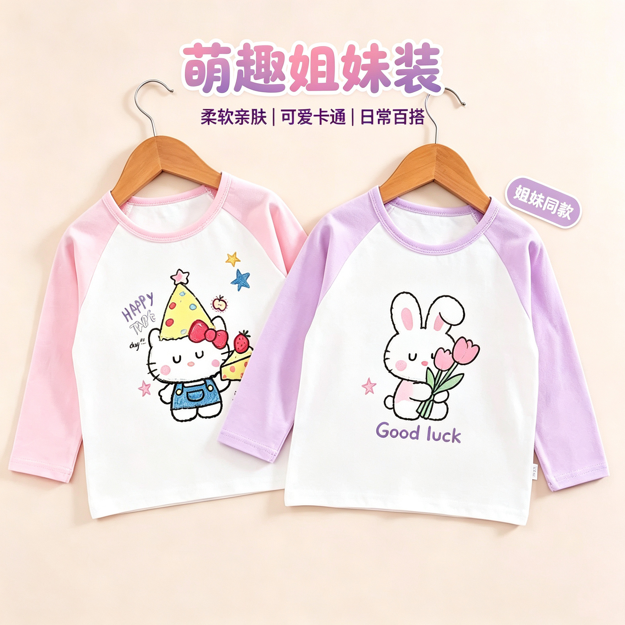 女童秋装纯棉长袖T恤女宝宝可爱兔子小猫衣服儿童圆领插肩袖上衣