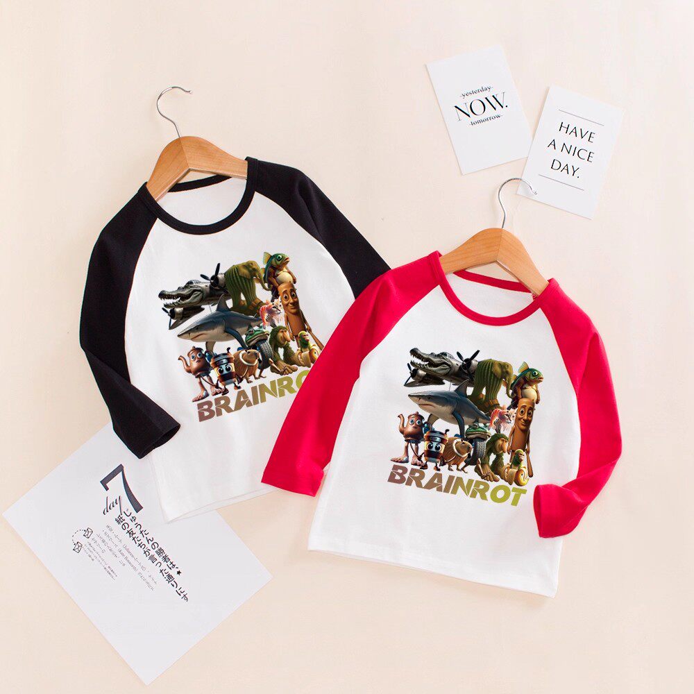 男童秋装通通哥ai木棍人长袖男孩山海经衣服儿童春秋纯棉红色t恤