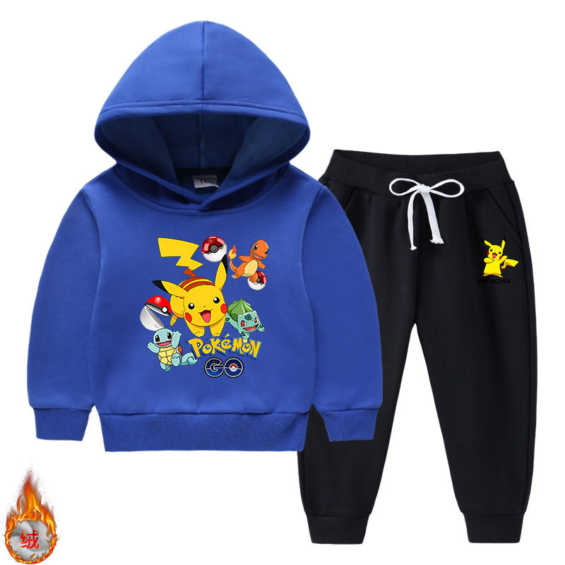 男童皮卡丘衣服儿童加绒套装一体绒连帽卫衣长裤两件套纯棉运动装