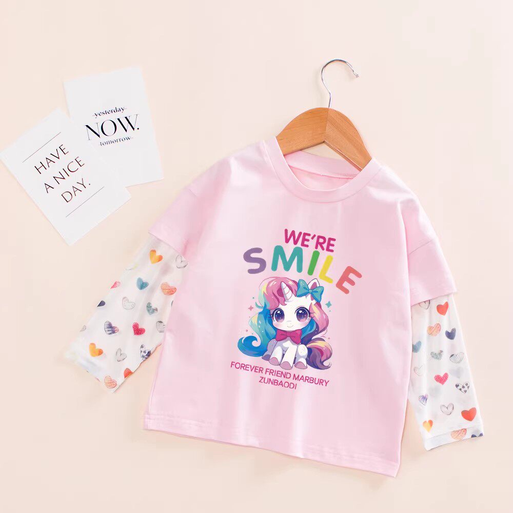 女童独角兽长袖T恤女宝宝冰丝袖假两件防晒衣服洋气薄款防蚊上衣
