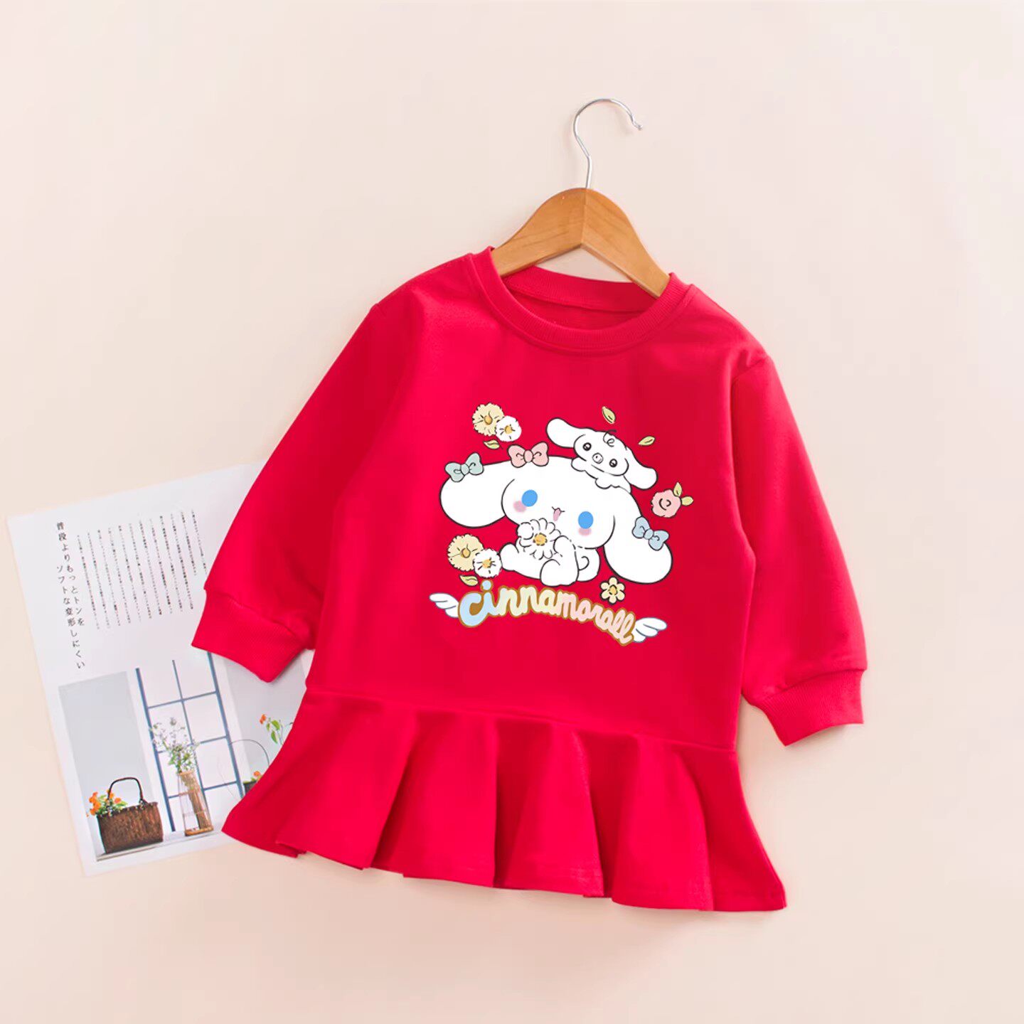 女童红色卡通连衣裙春秋长袖荷叶边公主裙可爱玉桂狗裙子纯棉衣服