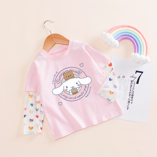 女童夏季防晒长袖宝宝上衣假两件玉桂狗T恤薄款儿童网纱防晒袖T恤